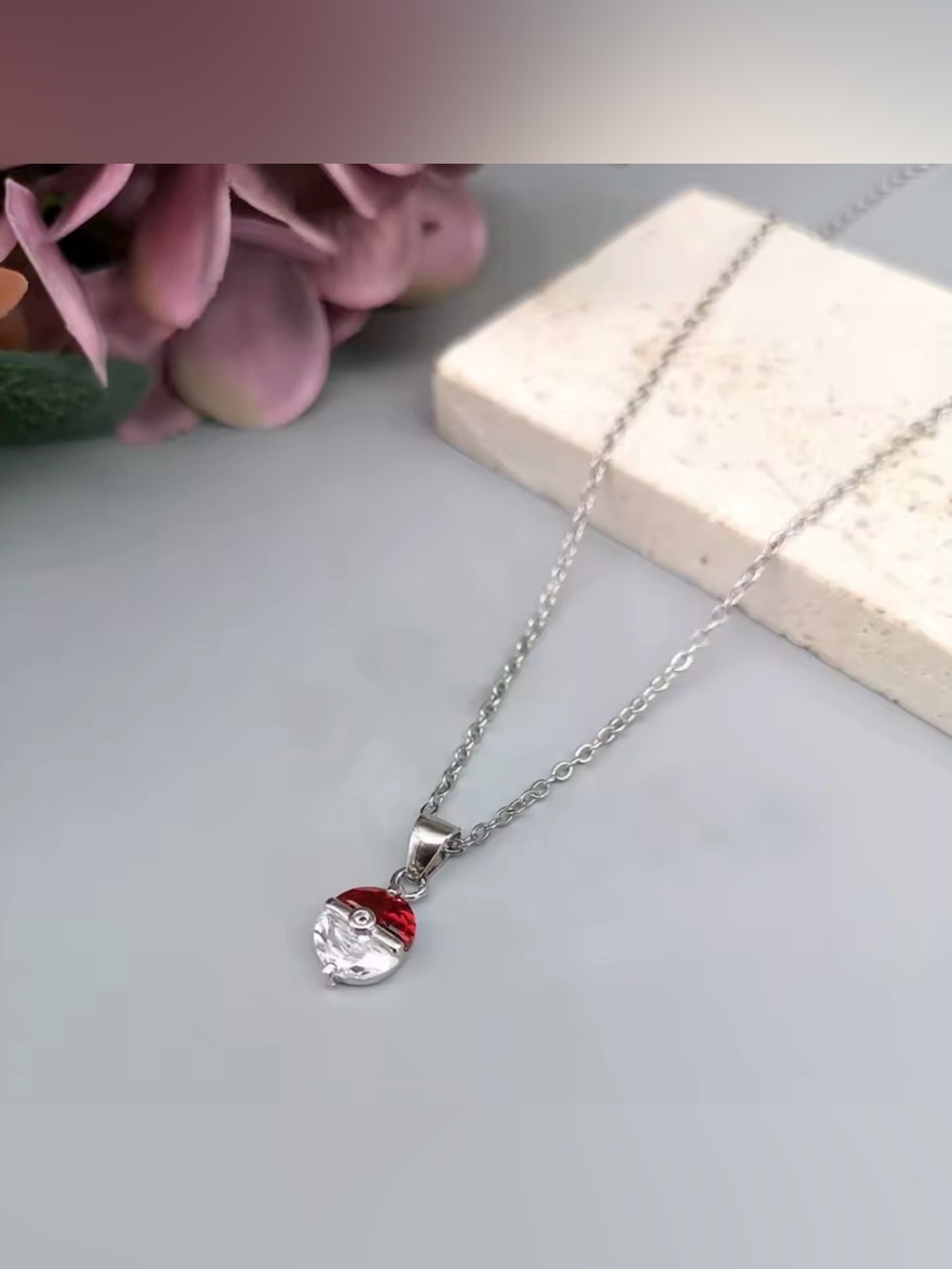 18K White Gold (Rhodium) Unisex Pokemon Pokeball Statement Gemstone Necklace